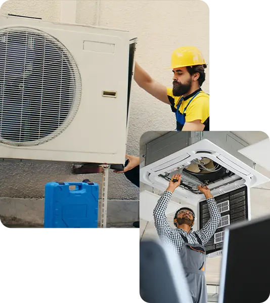 Klimatechniker der Heizungsbau Symank GmbH beim Einbau eines Split-Klimaanlagen-Außengeräts und eines Kassetten-Innengeräts